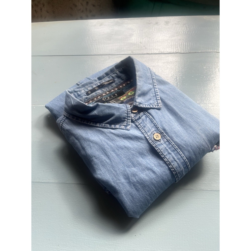 27MEN Medium Chambray Button-Down Shirt | Aztec Tribal Pocket & Collar Detail |